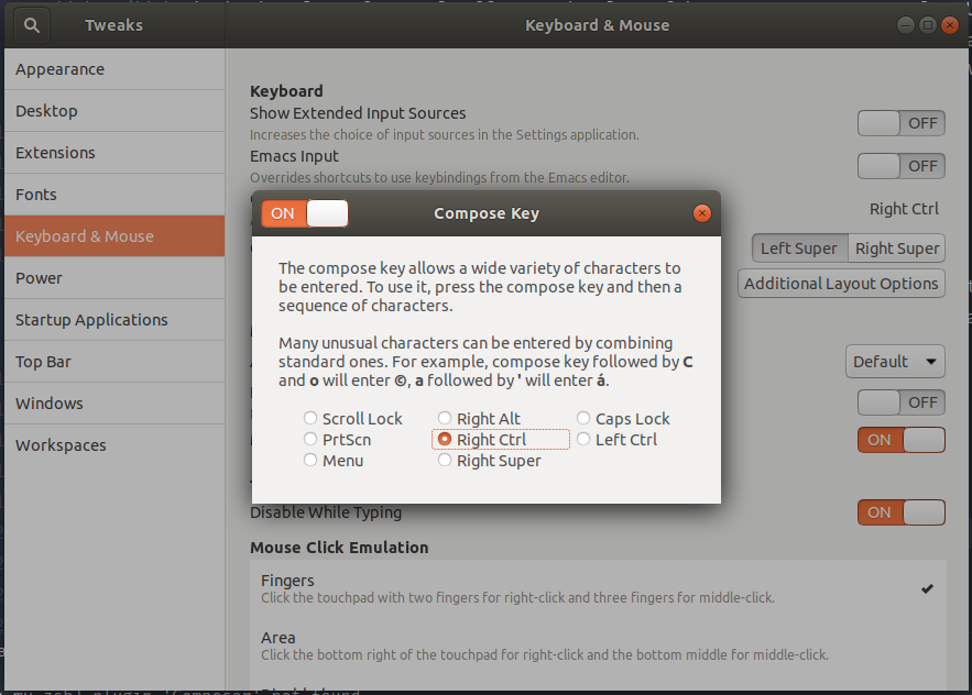 Screenshot of Gnome Tweaks showing the options for setting the Compose key