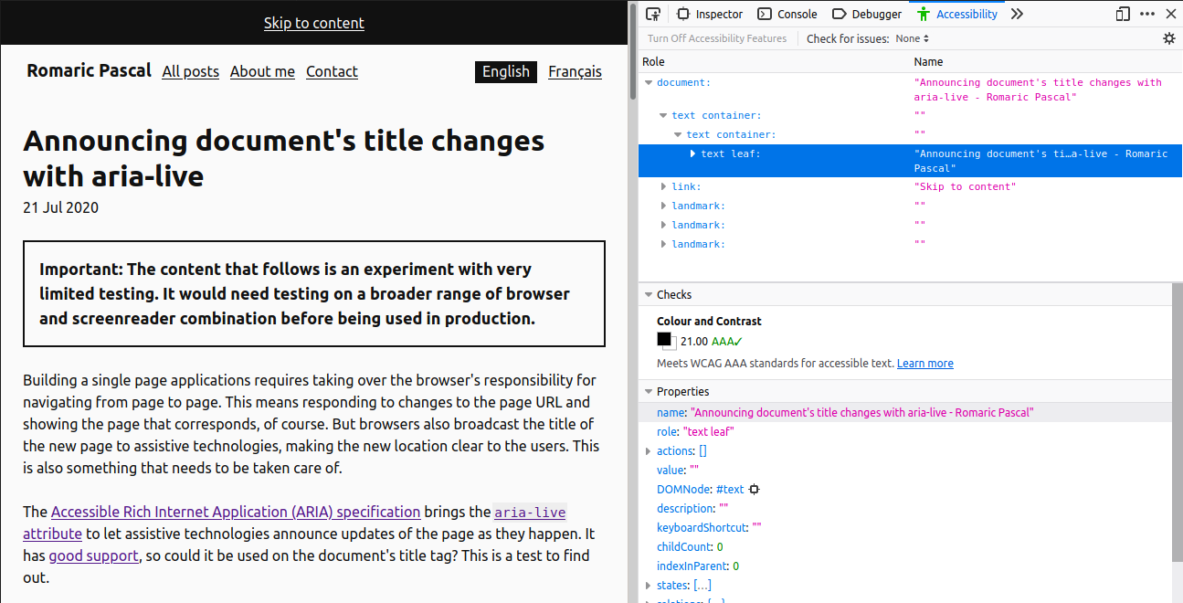 Screenshot of Firefox developper tools' Accessibility panel showing the title inside the accessibility tree.