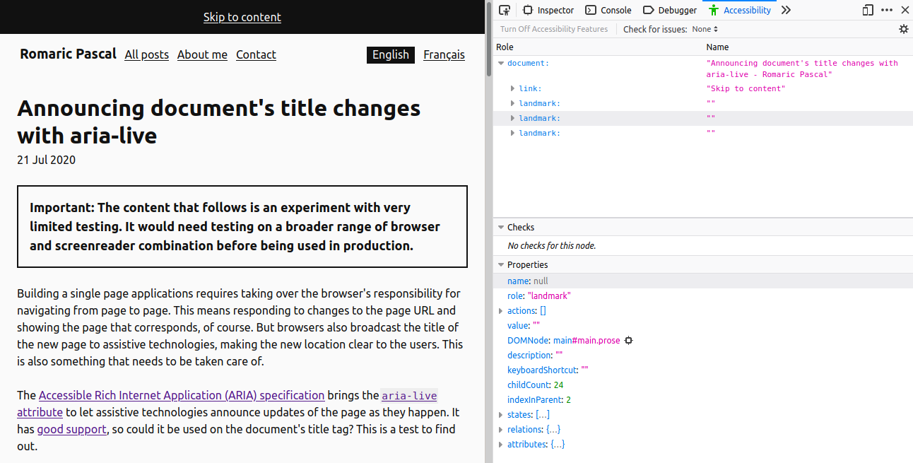 Screenshot of Firefox developper tools' Accessibility panel before doing anything with no entry for the title.